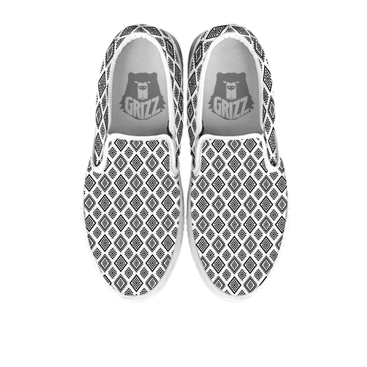 Geometric African White And Black Print White Slip On Shoes-grizzshop