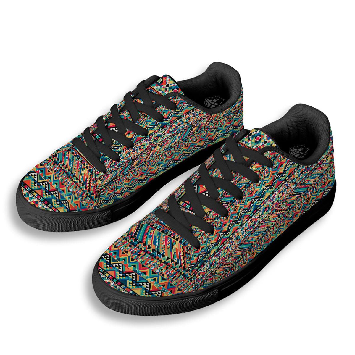 Geometric Aztec Colorful Print Pattern Black Low Top Sneakers-grizzshop