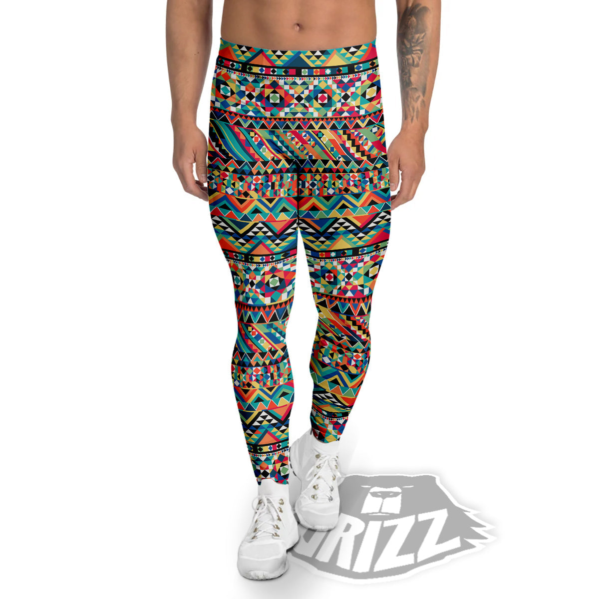 Geometric Aztec Colorful Print Pattern Men's Leggings-grizzshop