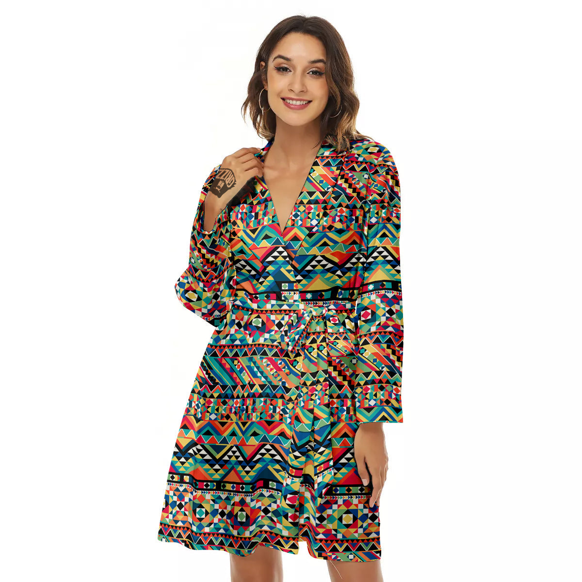 Geometric Aztec Colorful Print Pattern Women's Robe-grizzshop