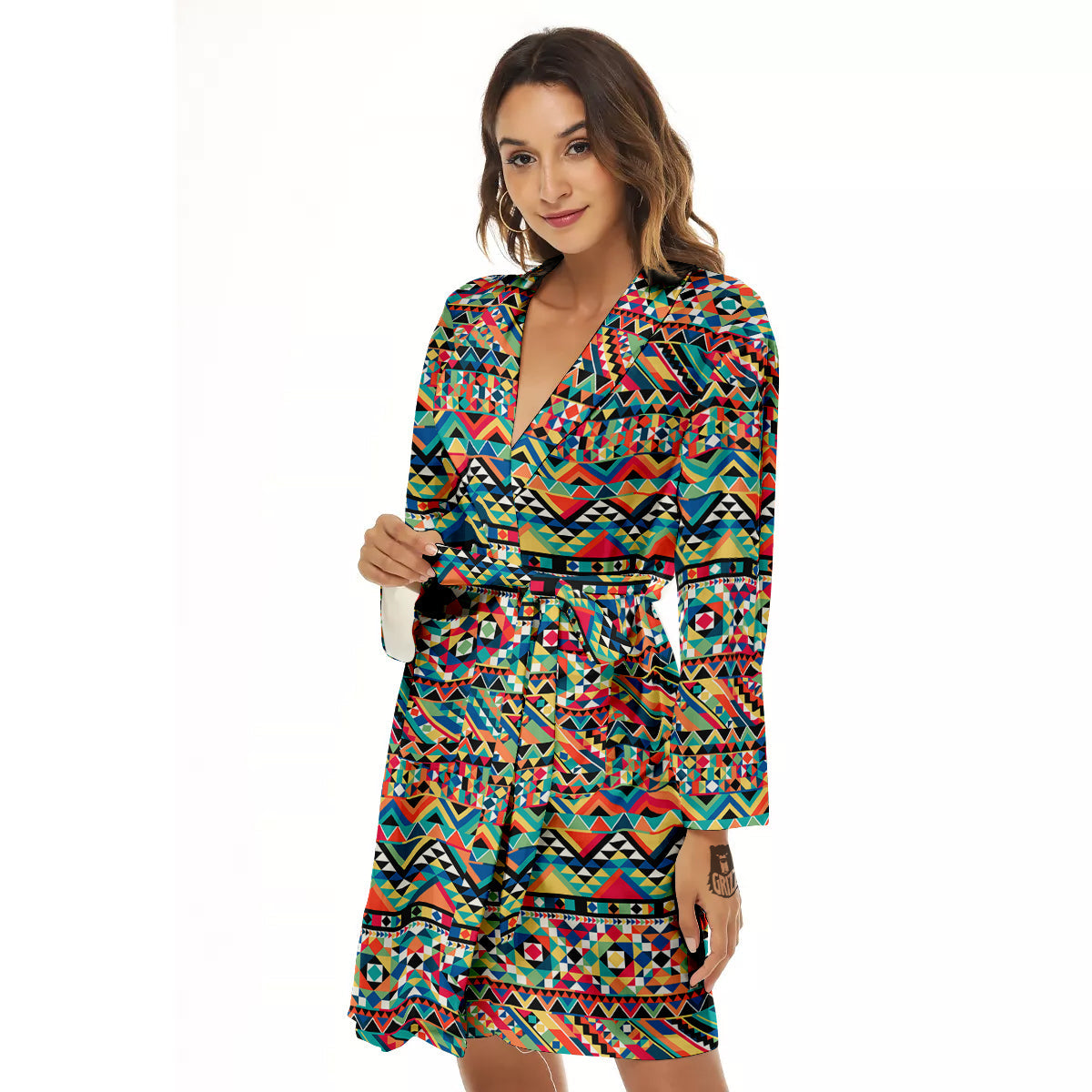 Geometric Aztec Colorful Print Pattern Women's Robe-grizzshop