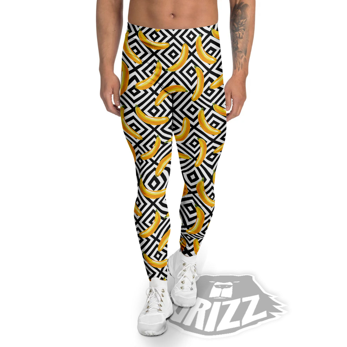 Geometric Banana White And Black Print Men's Leggings-grizzshop