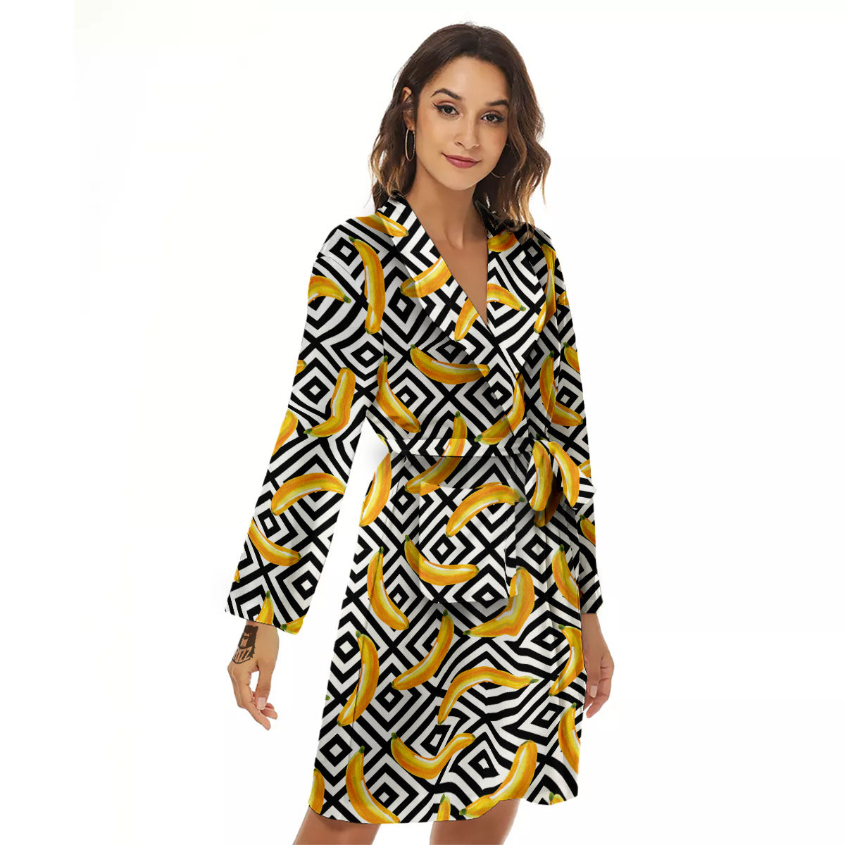 Geometric Banana White And Black Print Women's Robe-grizzshop