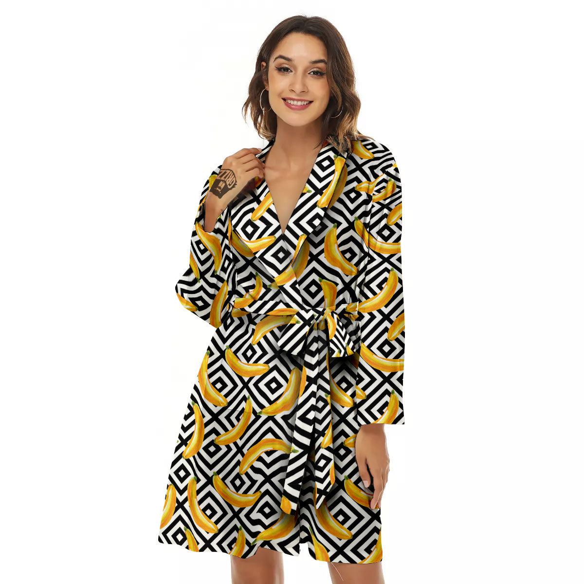 Geometric Banana White And Black Print Women's Robe-grizzshop