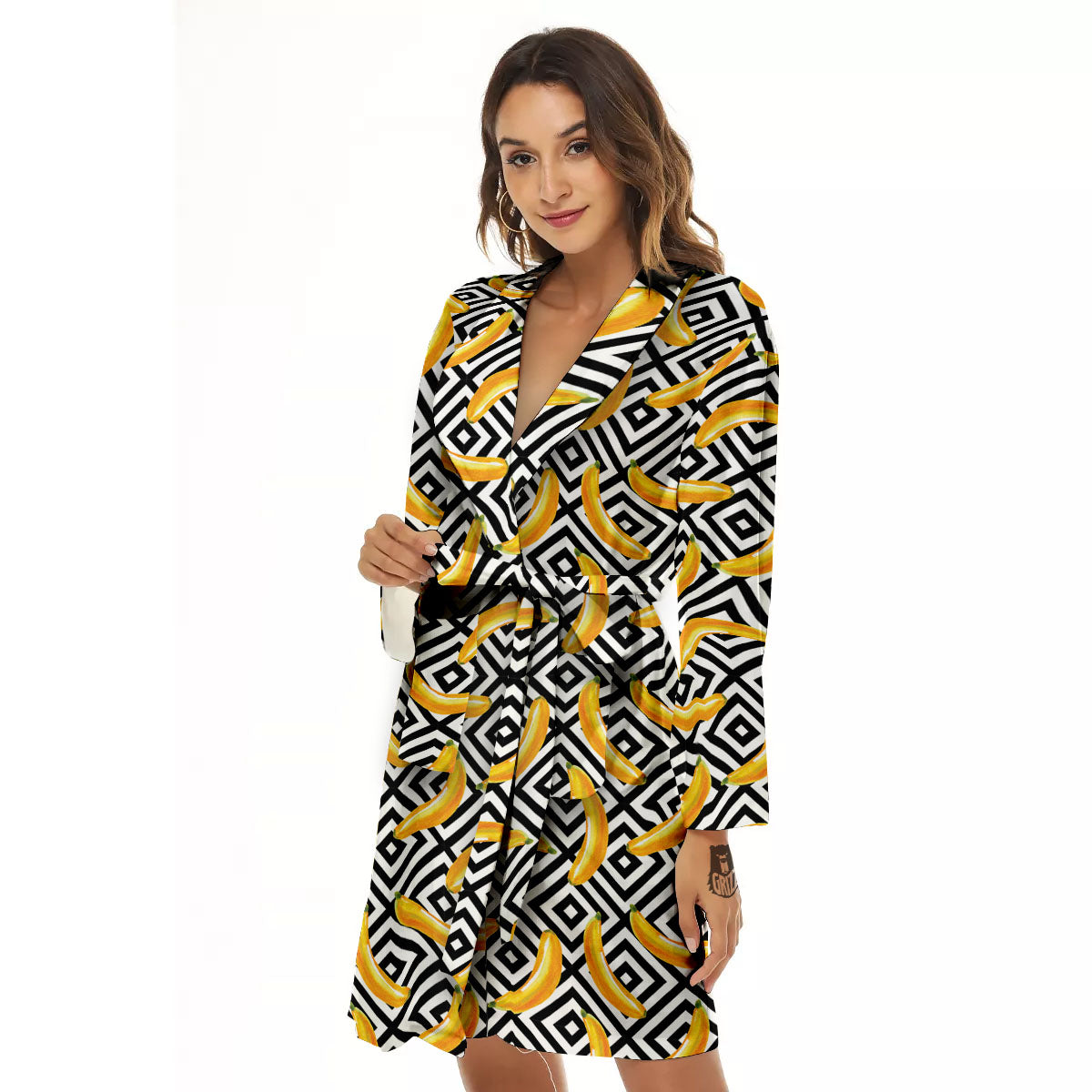 Geometric Banana White And Black Print Women's Robe-grizzshop