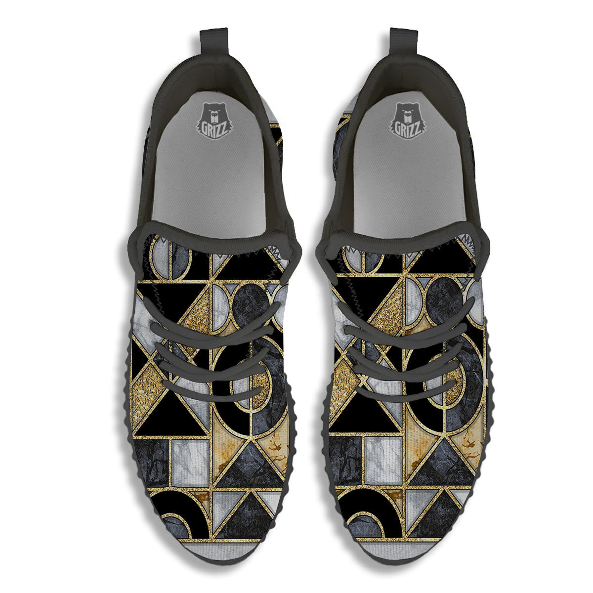 Geometric Black Gold Marble Print Black Walking Shoes-grizzshop