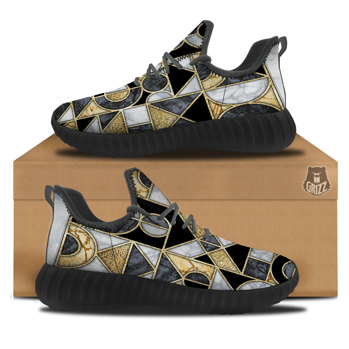 Geometric Black Gold Marble Print Black Walking Shoes-grizzshop