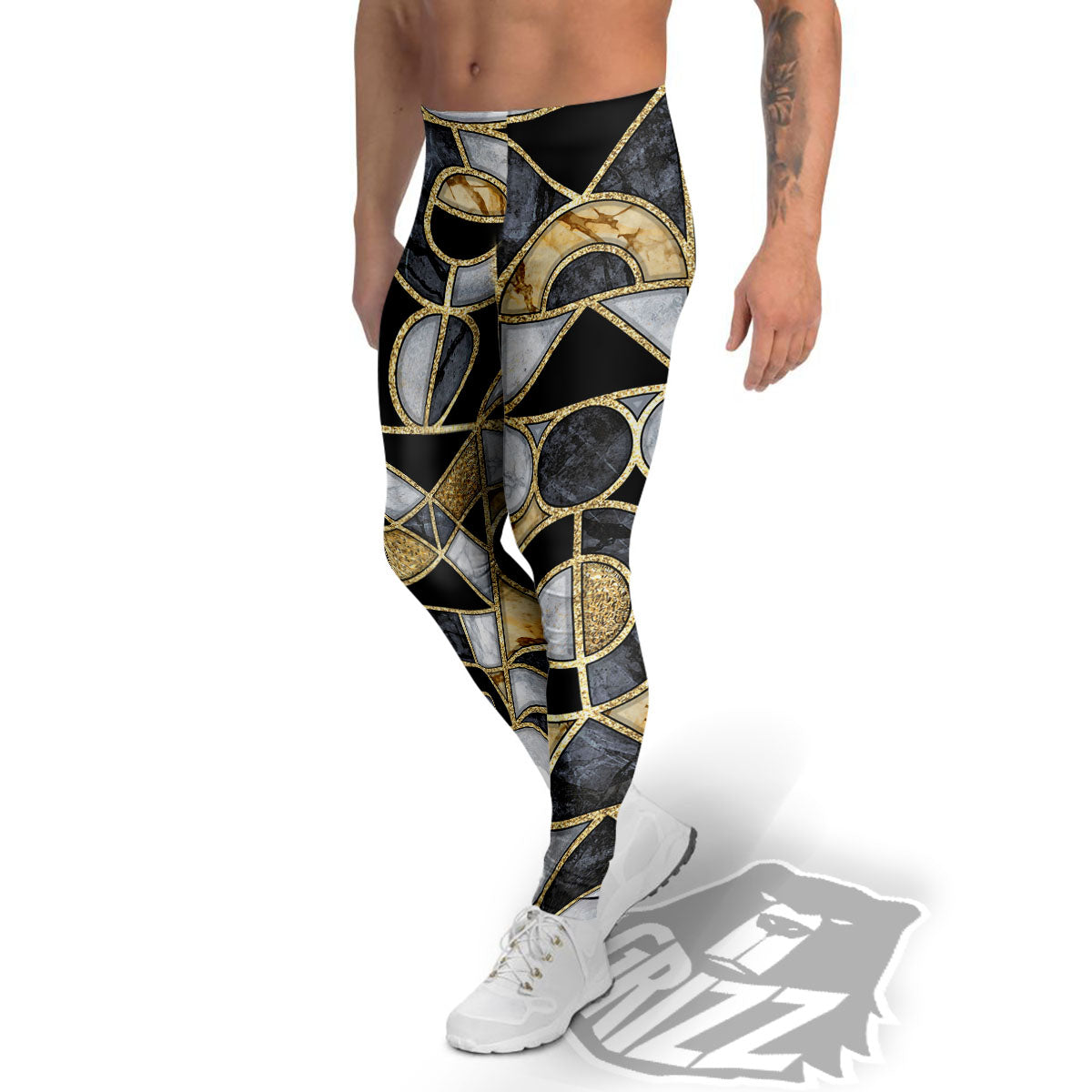 Geometric Black Gold Marble Print Men's Leggings-grizzshop