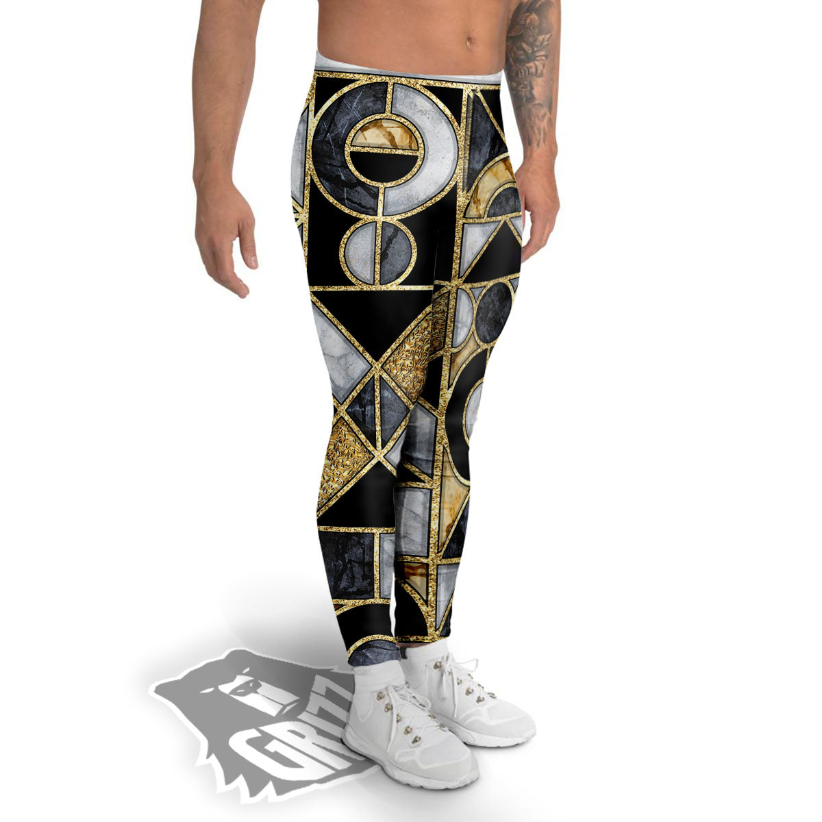 Geometric Black Gold Marble Print Men's Leggings-grizzshop