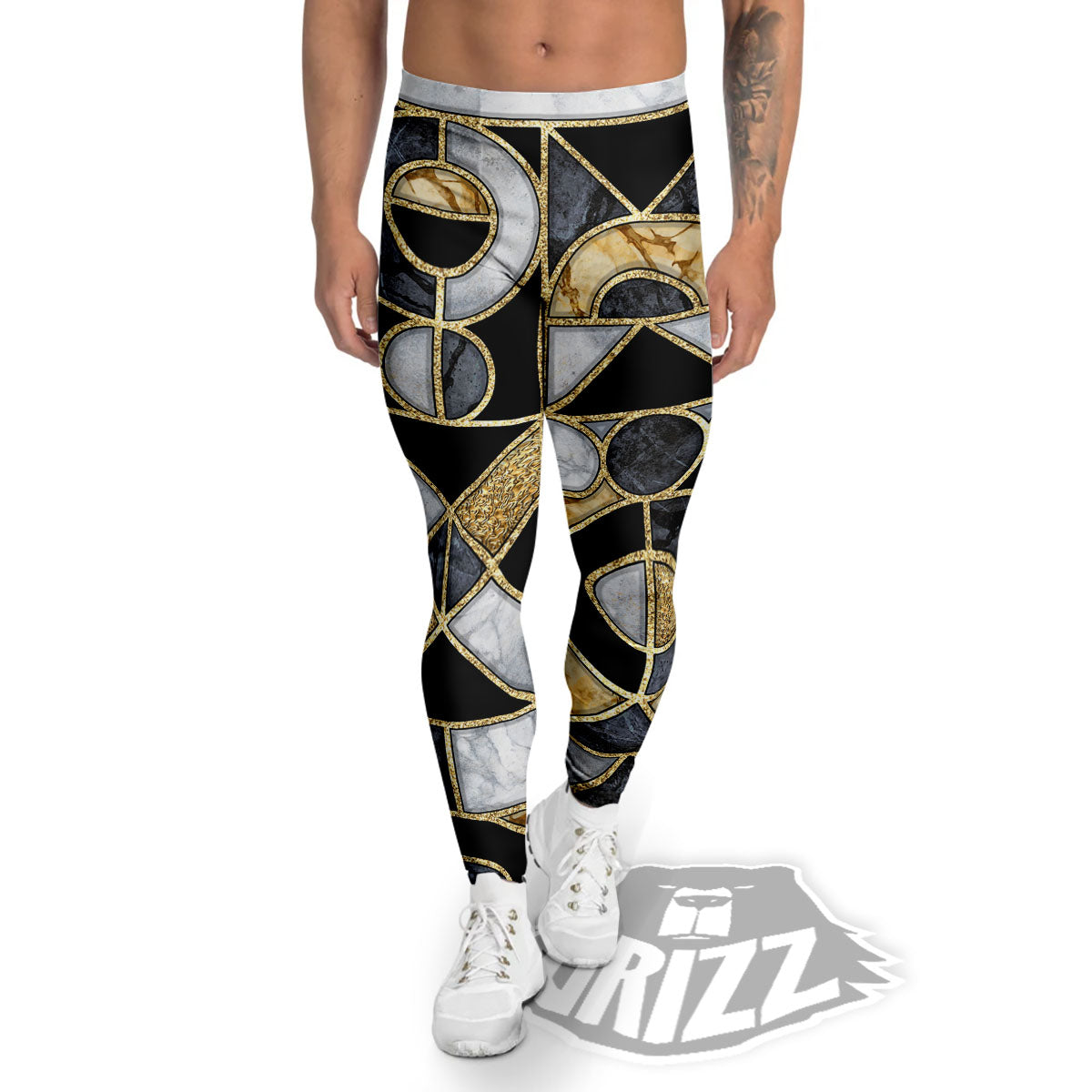 Geometric Black Gold Marble Print Men's Leggings-grizzshop