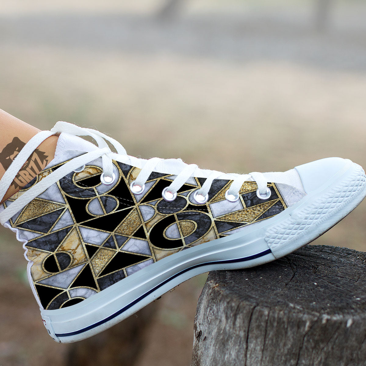 Geometric Black Gold Marble Print White High Top Shoes-grizzshop