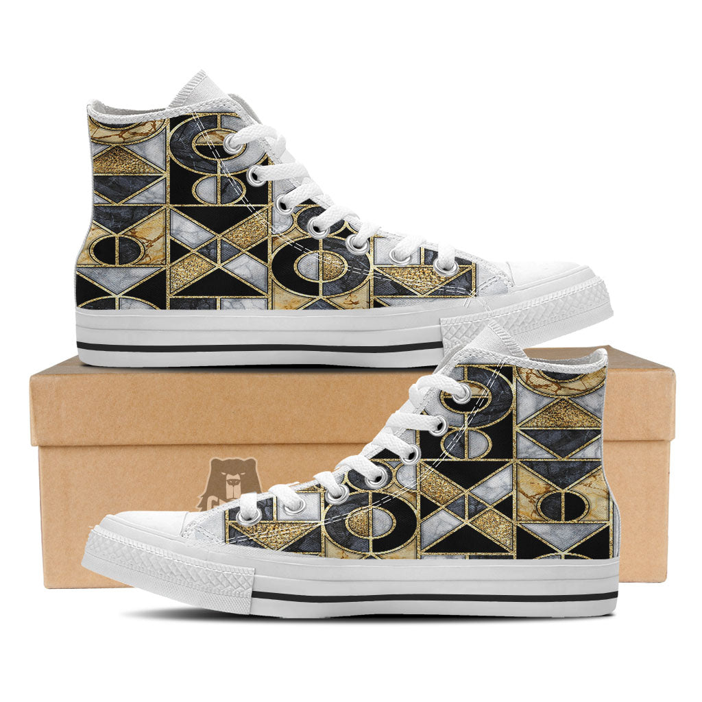 Geometric Black Gold Marble Print White High Top Shoes-grizzshop