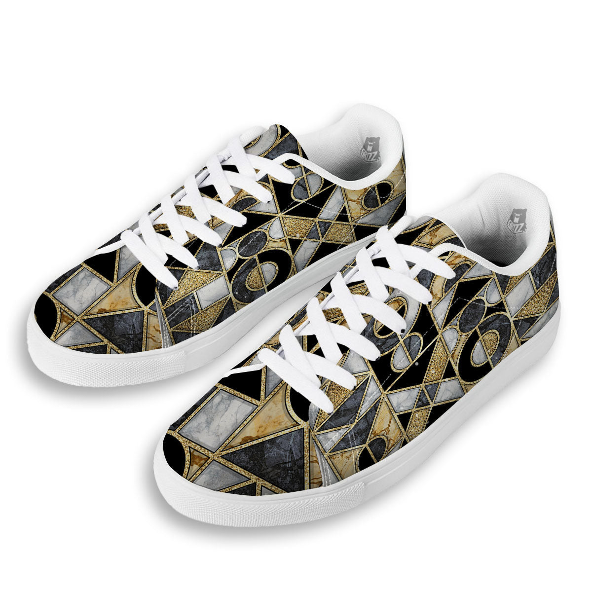 Geometric Black Gold Marble Print White Low Top Sneakers-grizzshop