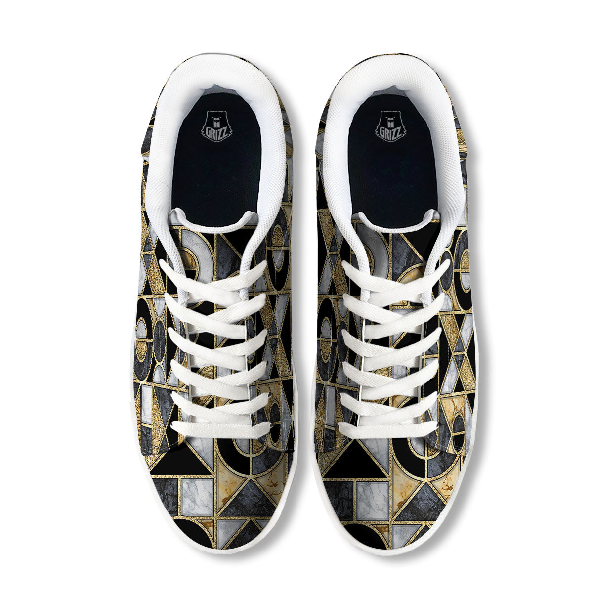 Geometric Black Gold Marble Print White Low Top Sneakers-grizzshop