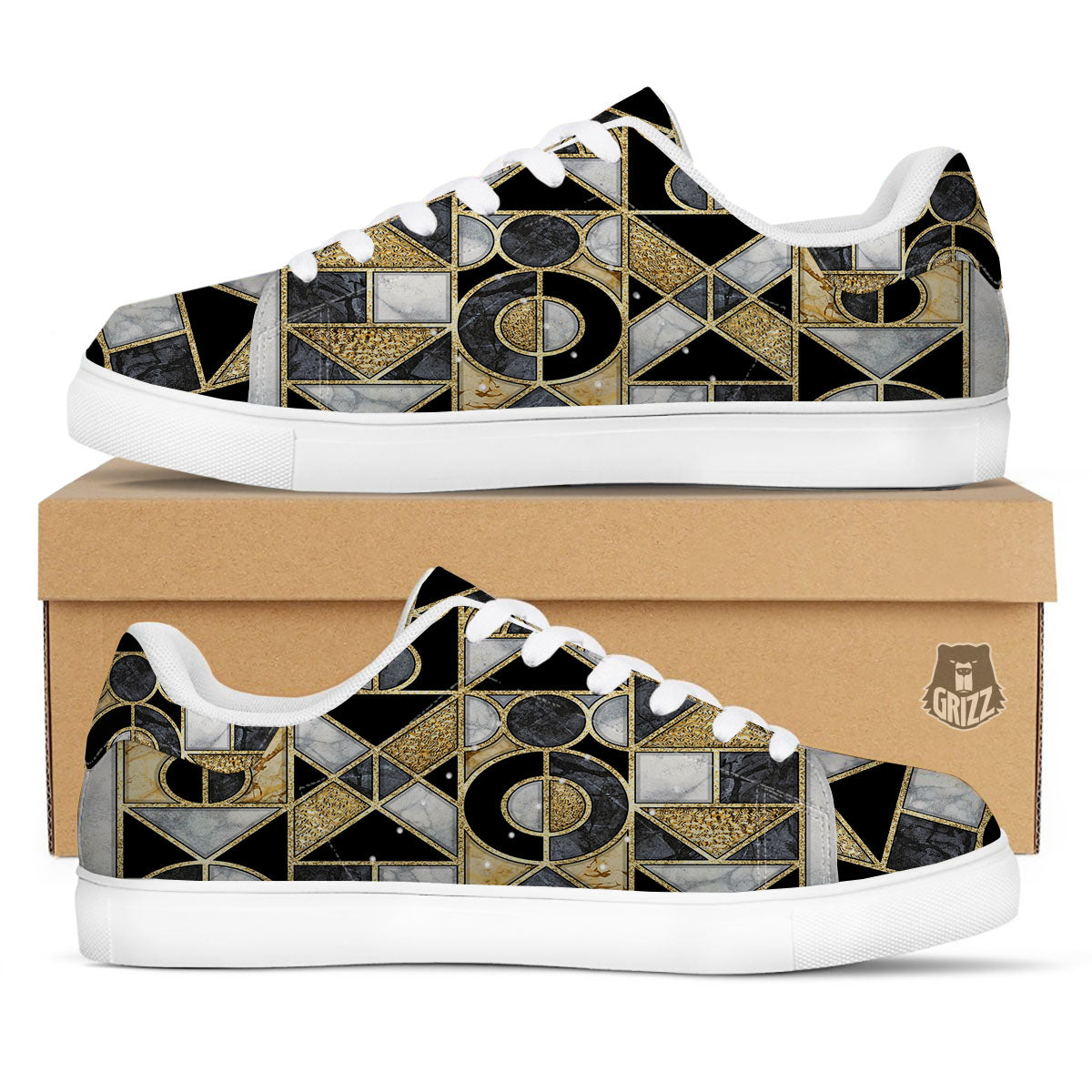 Geometric Black Gold Marble Print White Low Top Sneakers-grizzshop