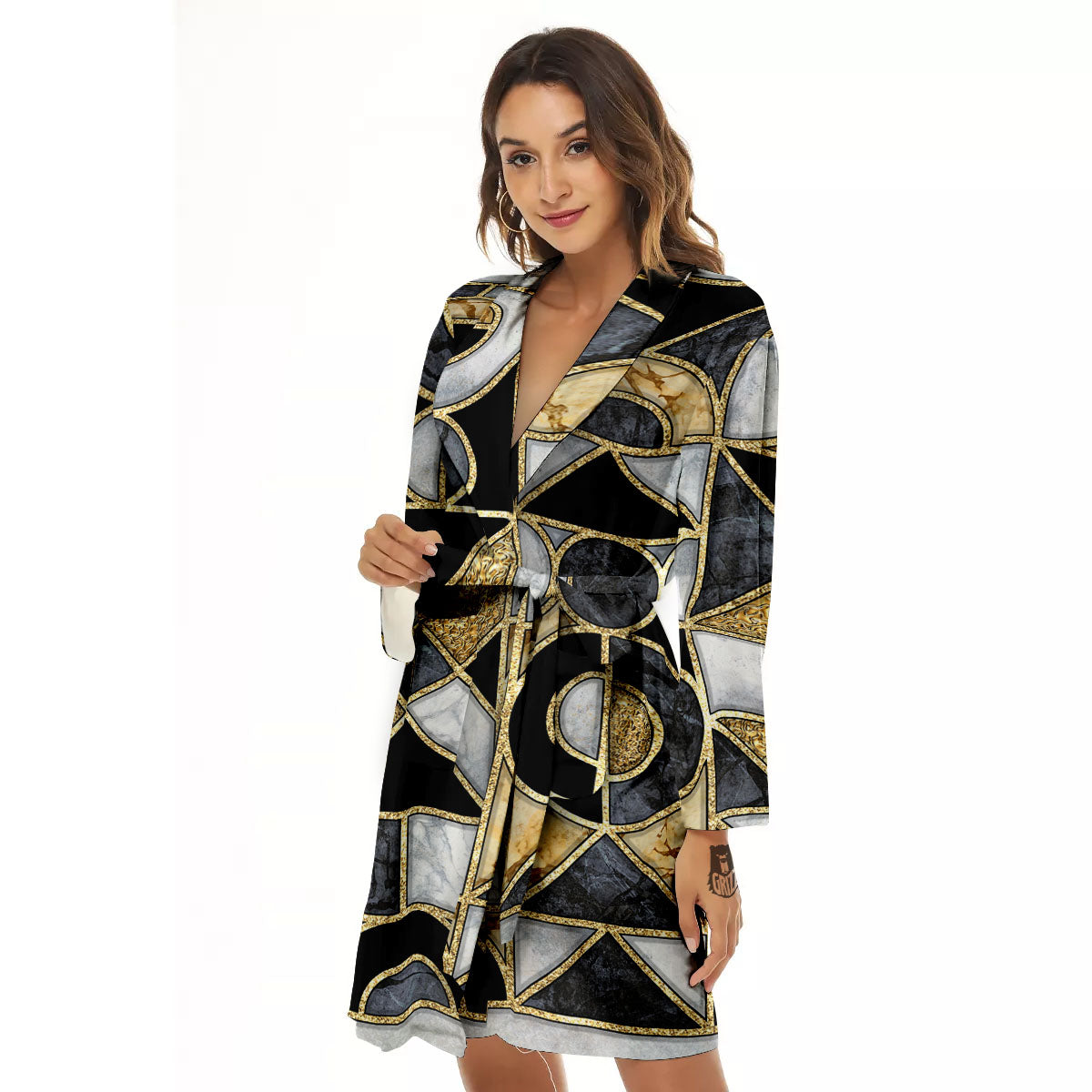 Geometric Black Gold Marble Print Women's Robe-grizzshop