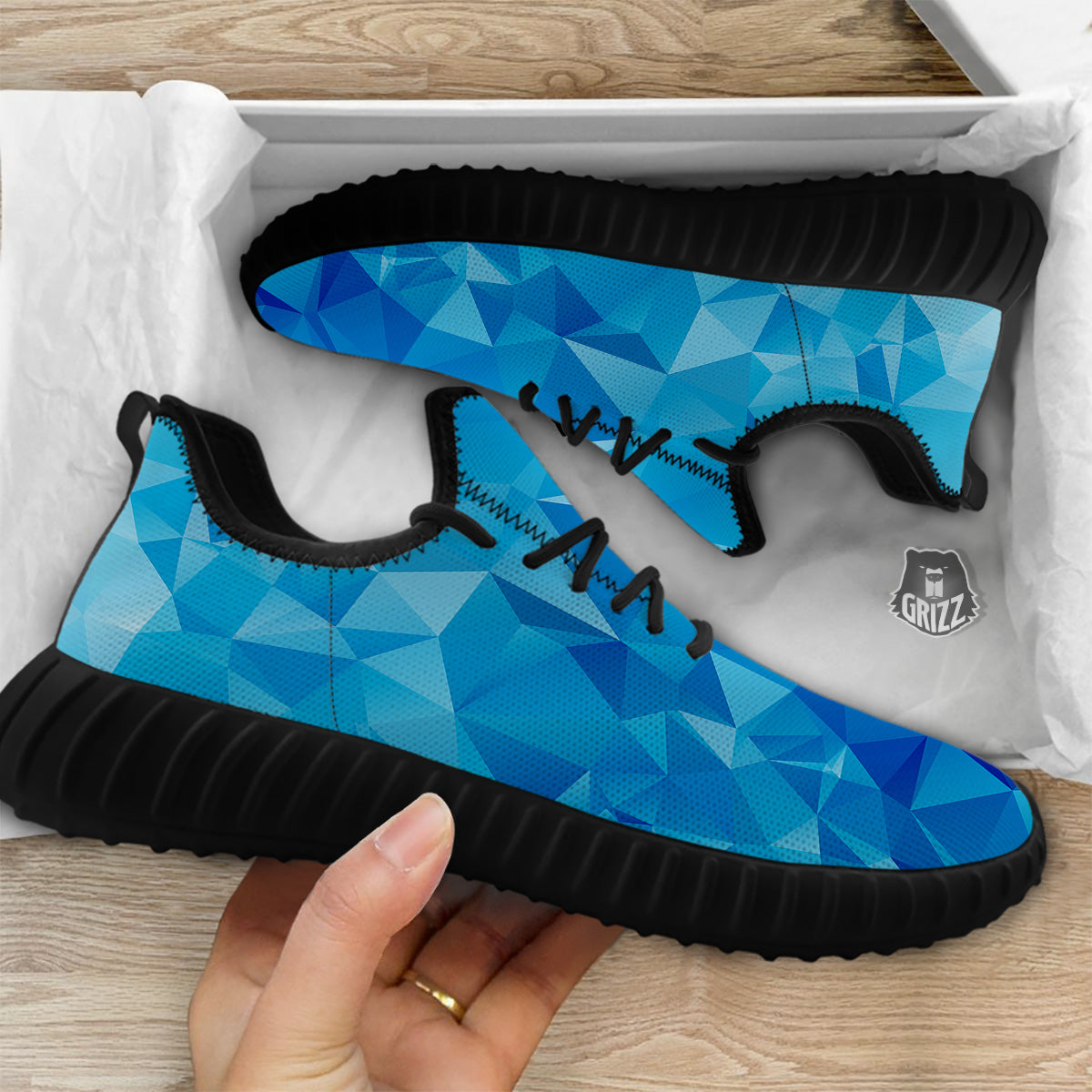 Geometric Blue Polygonal Print Black Walking Shoes-grizzshop