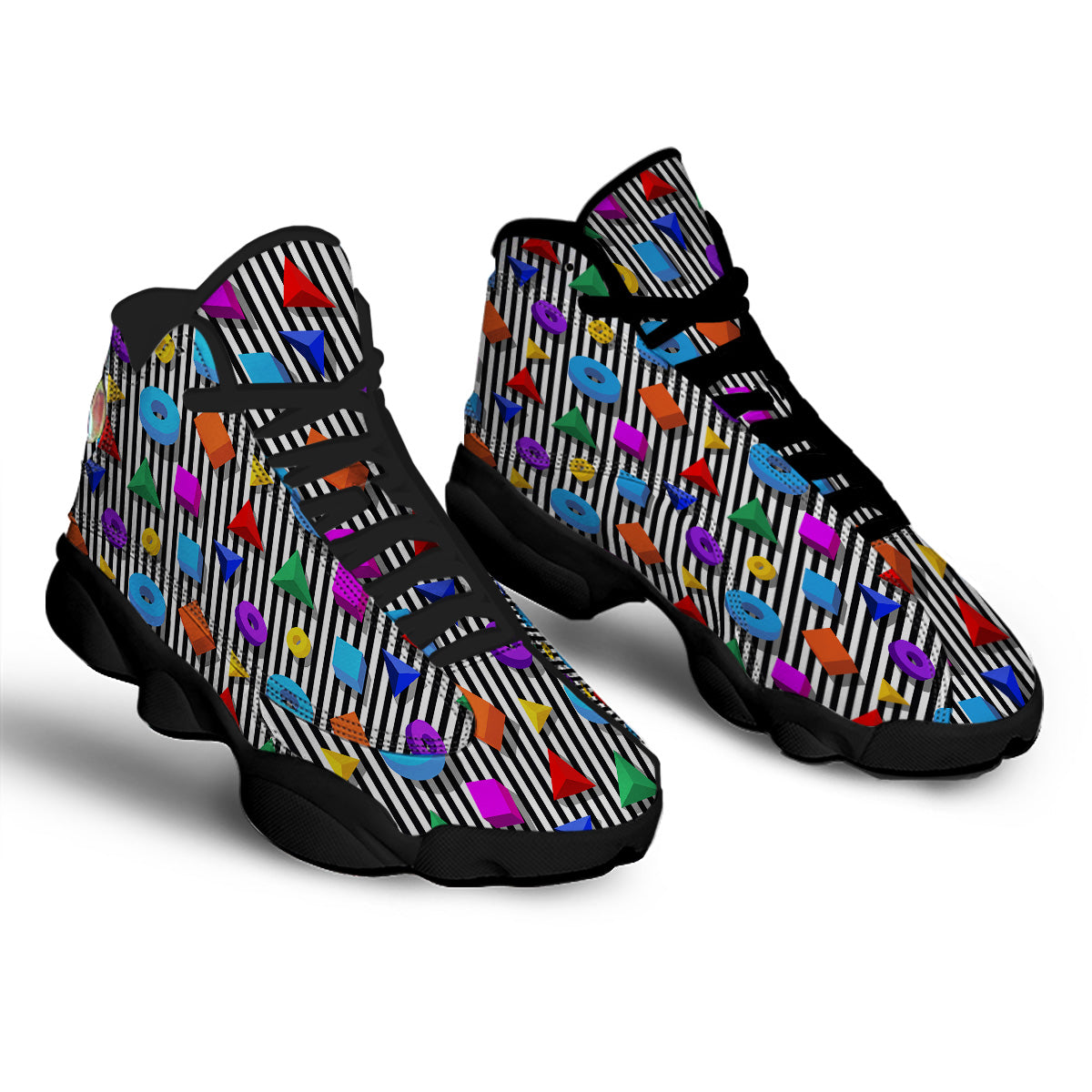 Geometric Colorful Striped Print Pattern Black Basketball Shoes-grizzshop