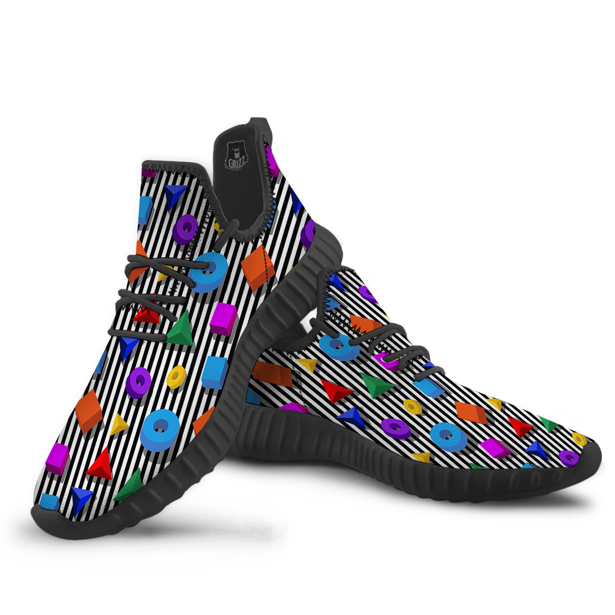 Geometric Colorful Striped Print Pattern Black Walking Shoes-grizzshop