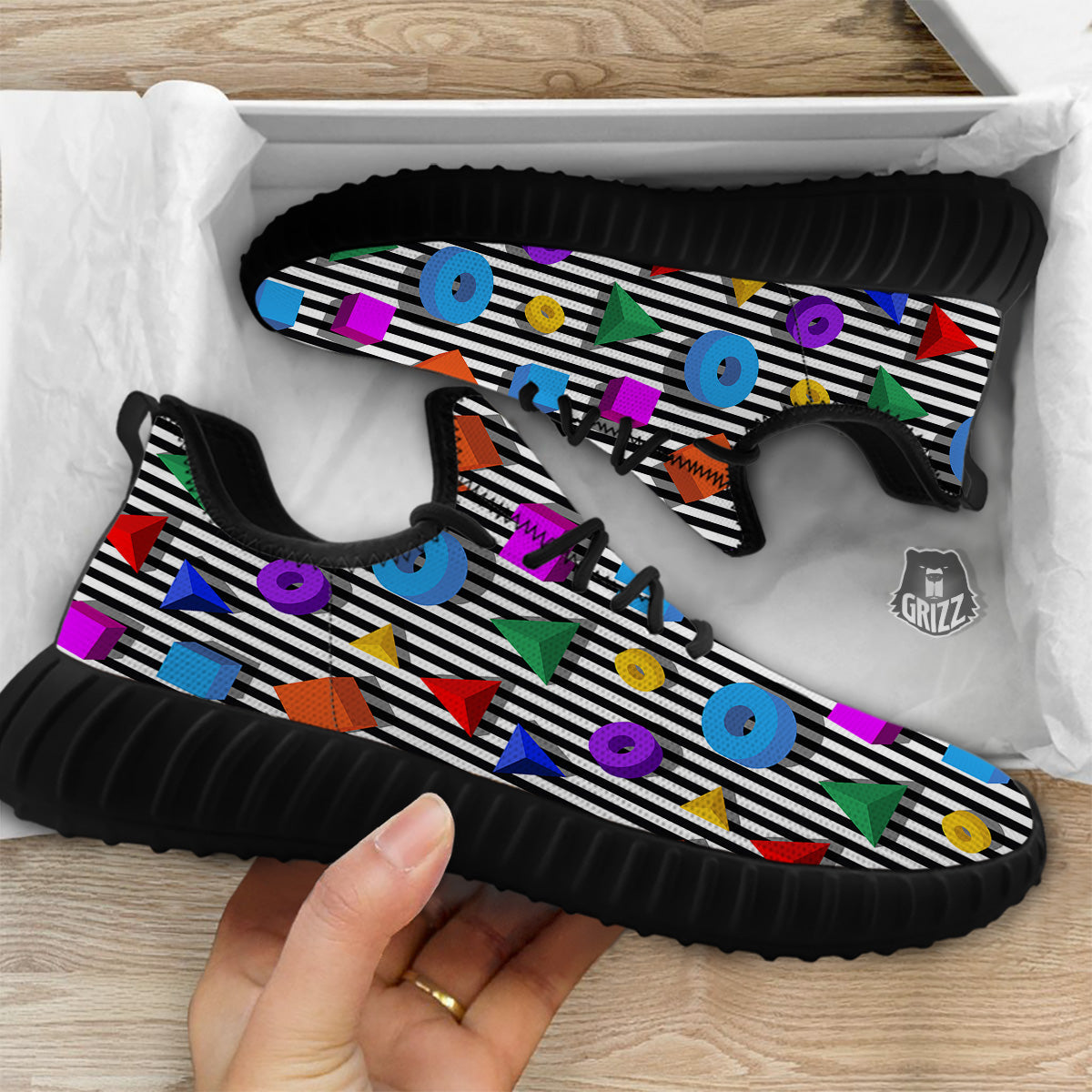 Geometric Colorful Striped Print Pattern Black Walking Shoes-grizzshop