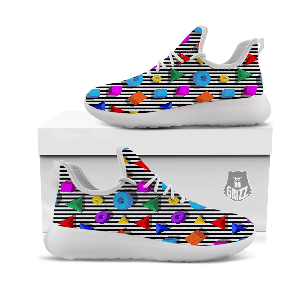Geometric Colorful Striped Print Pattern White Athletic Shoes-grizzshop