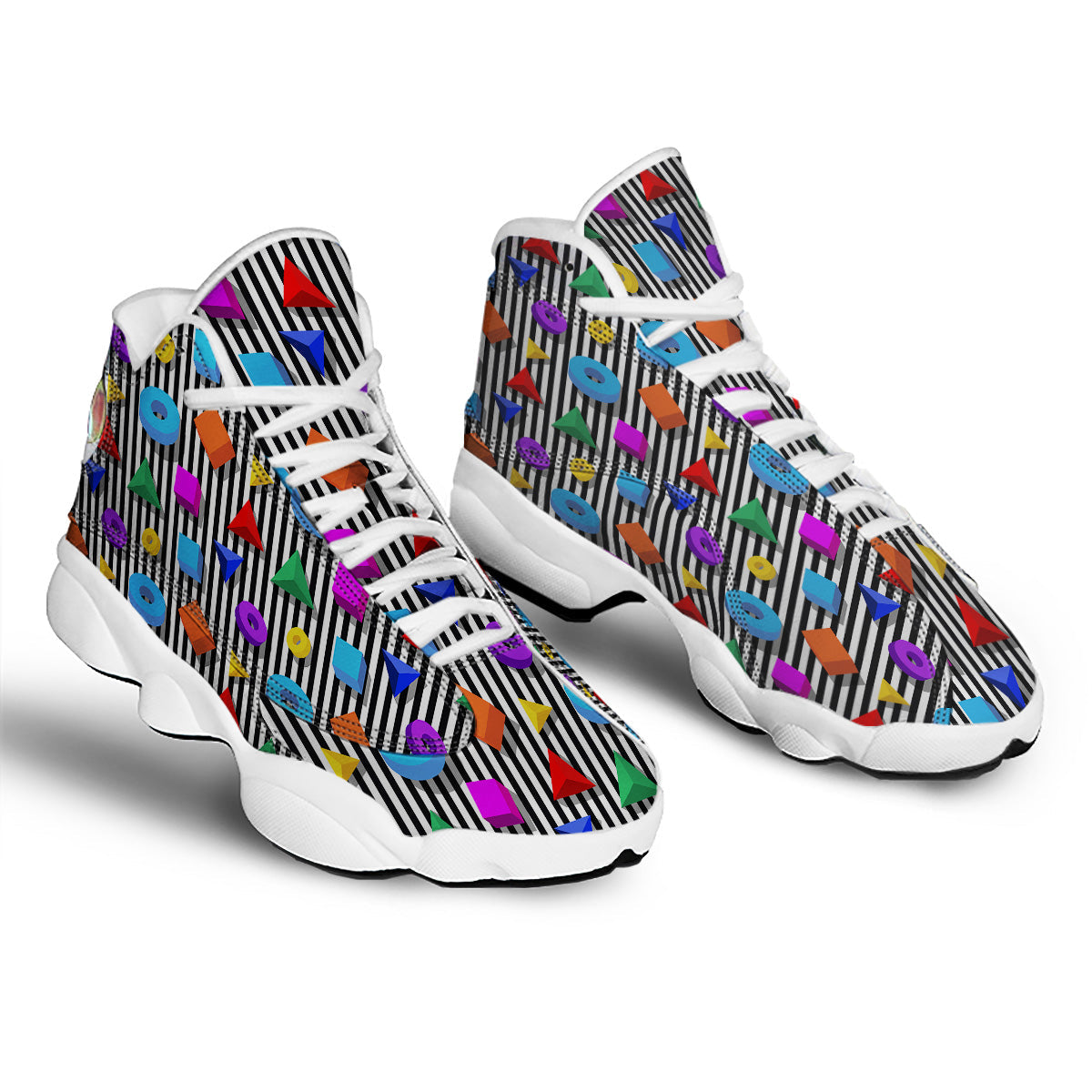 Geometric Colorful Striped Print Pattern White Basketball Shoes-grizzshop