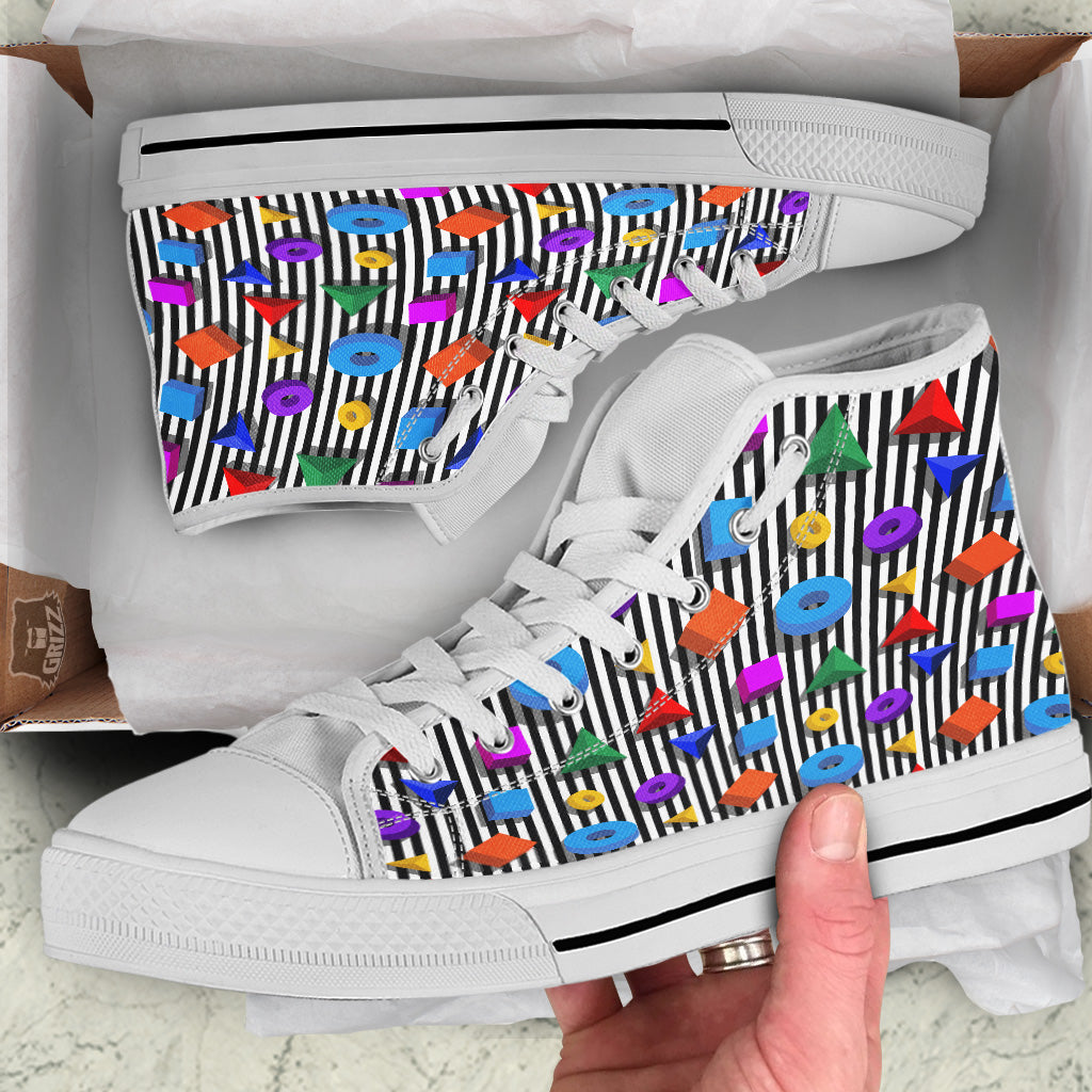 Geometric Colorful Striped Print Pattern White High Top Shoes-grizzshop