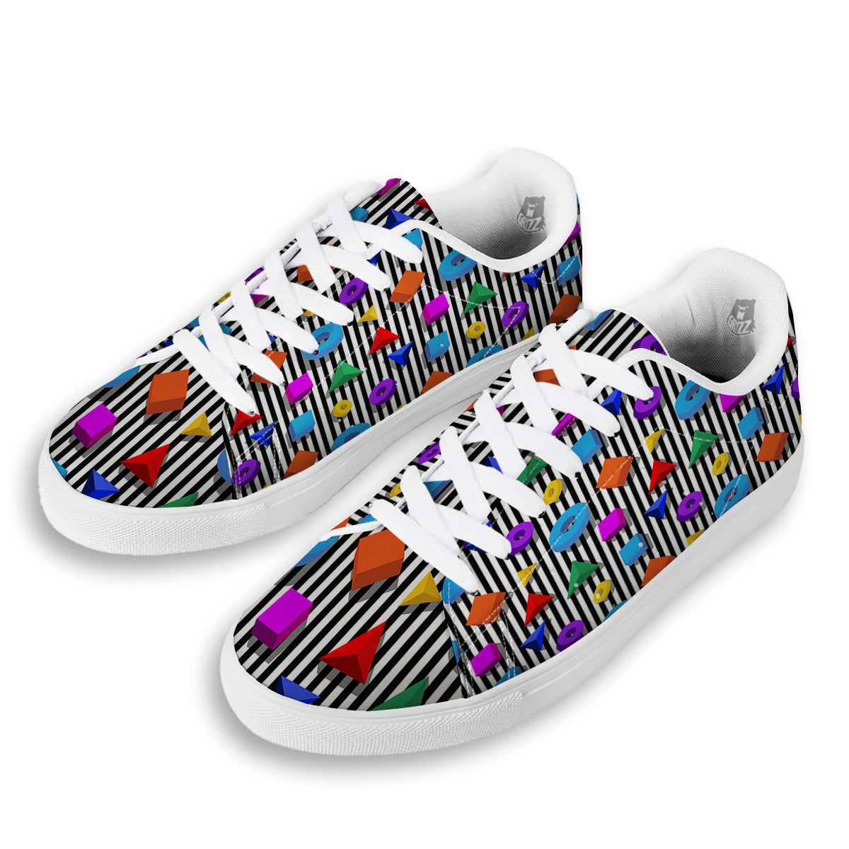 Geometric Colorful Striped Print Pattern White Low Top Sneakers-grizzshop