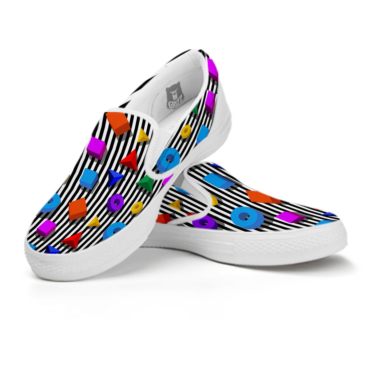 Geometric Colorful Striped Print Pattern White Slip On Shoes-grizzshop