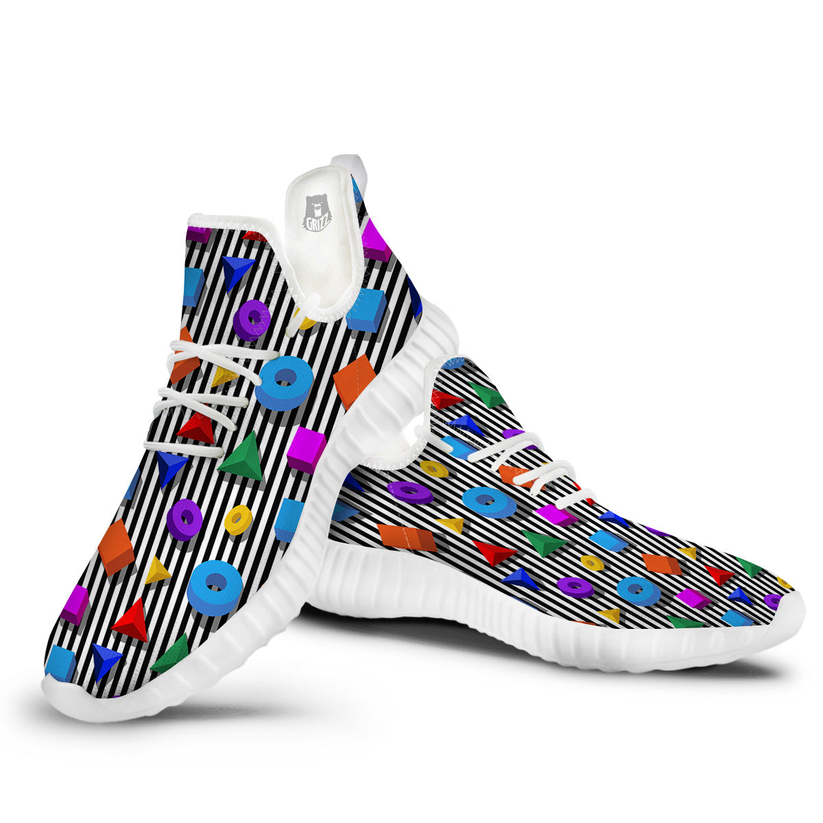 Geometric Colorful Striped Print Pattern White Walking Shoes-grizzshop