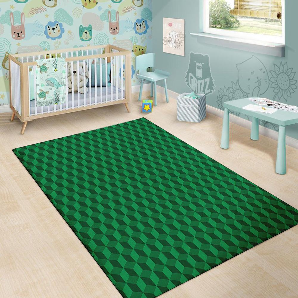 Geometric Cube Dark Green Print Pattern Floor Mat-grizzshop