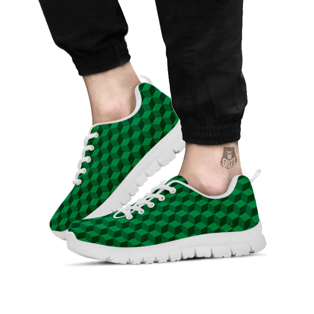 Geometric Cube Dark Green Print Pattern White Sneaker-grizzshop