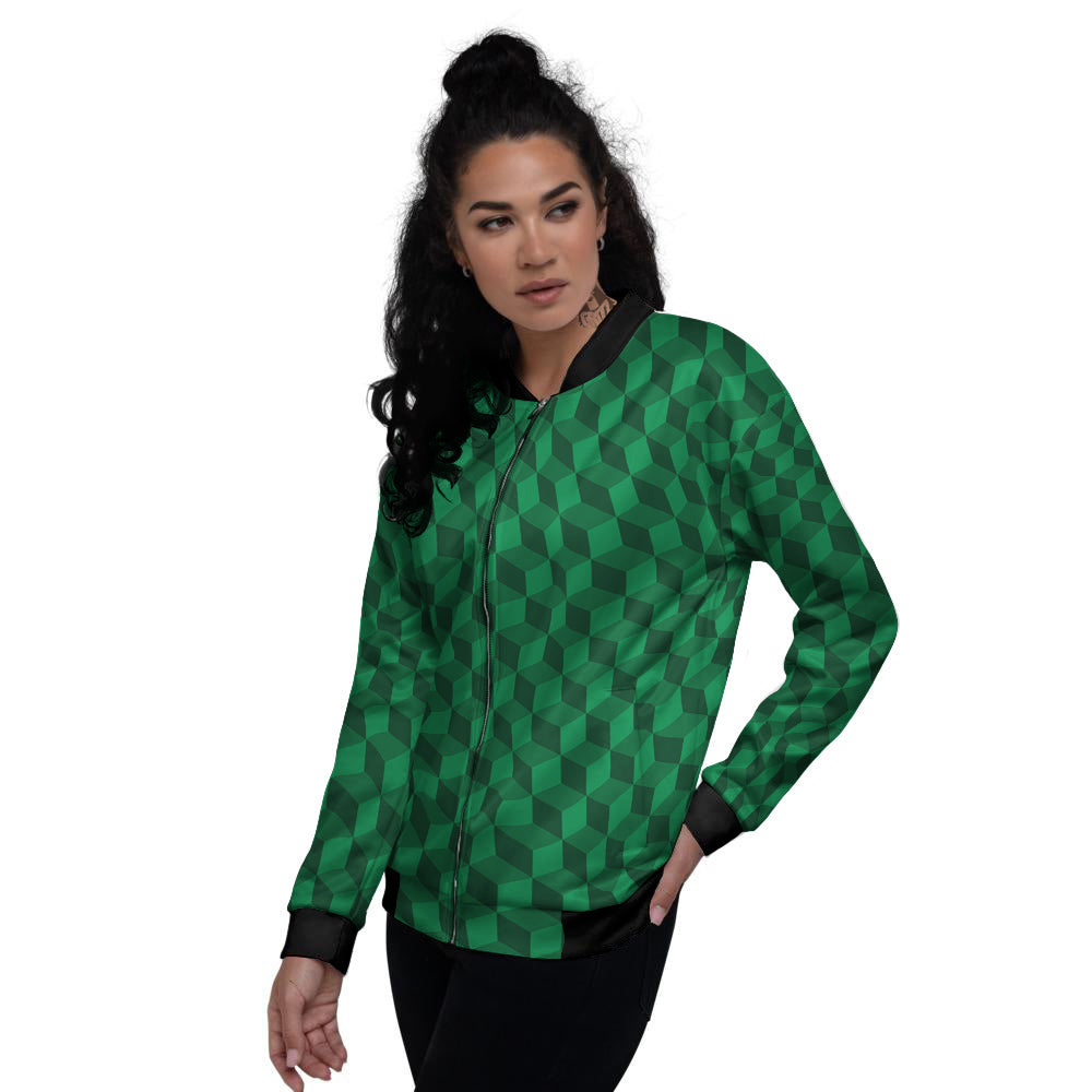 Geometric Cube Dark Green Print Pattern Women's Bomber Jacket-grizzshop