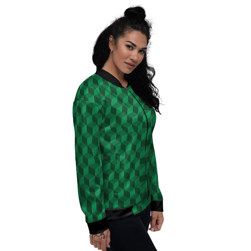 Geometric Cube Dark Green Print Pattern Women's Bomber Jacket-grizzshop