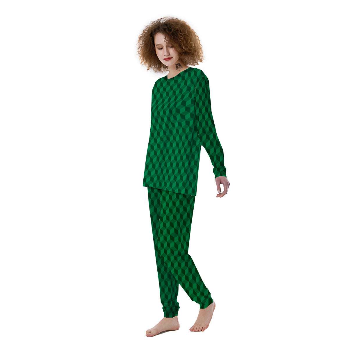 Geometric Cube Dark Green Print Pattern Women's Pajamas-grizzshop
