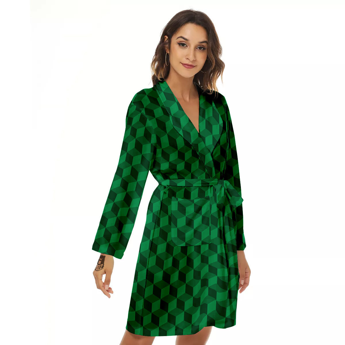 Geometric Cube Dark Green Print Pattern Women's Robe-grizzshop
