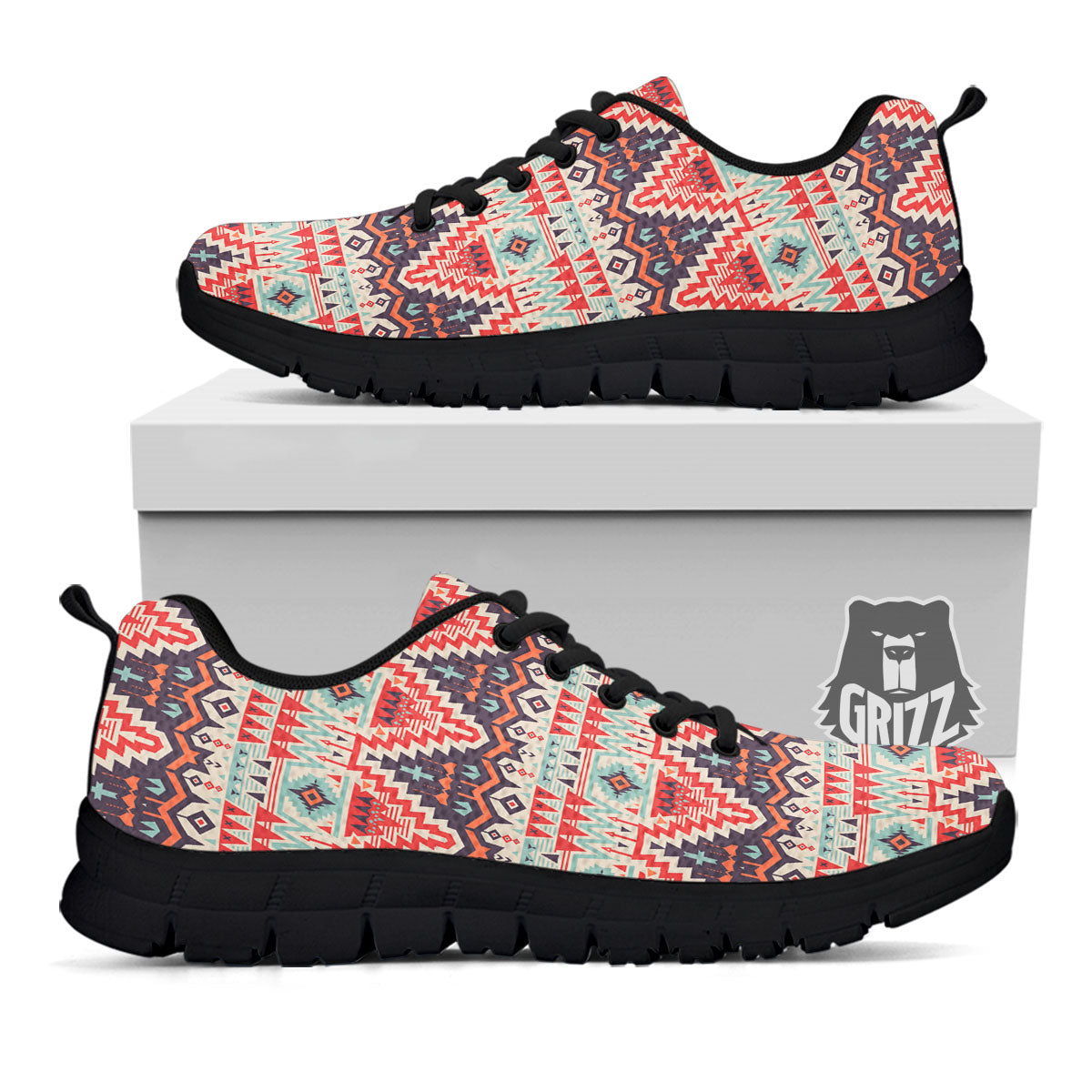 Geometric Ethnic Aztec Print Pattern Black Sneaker-grizzshop