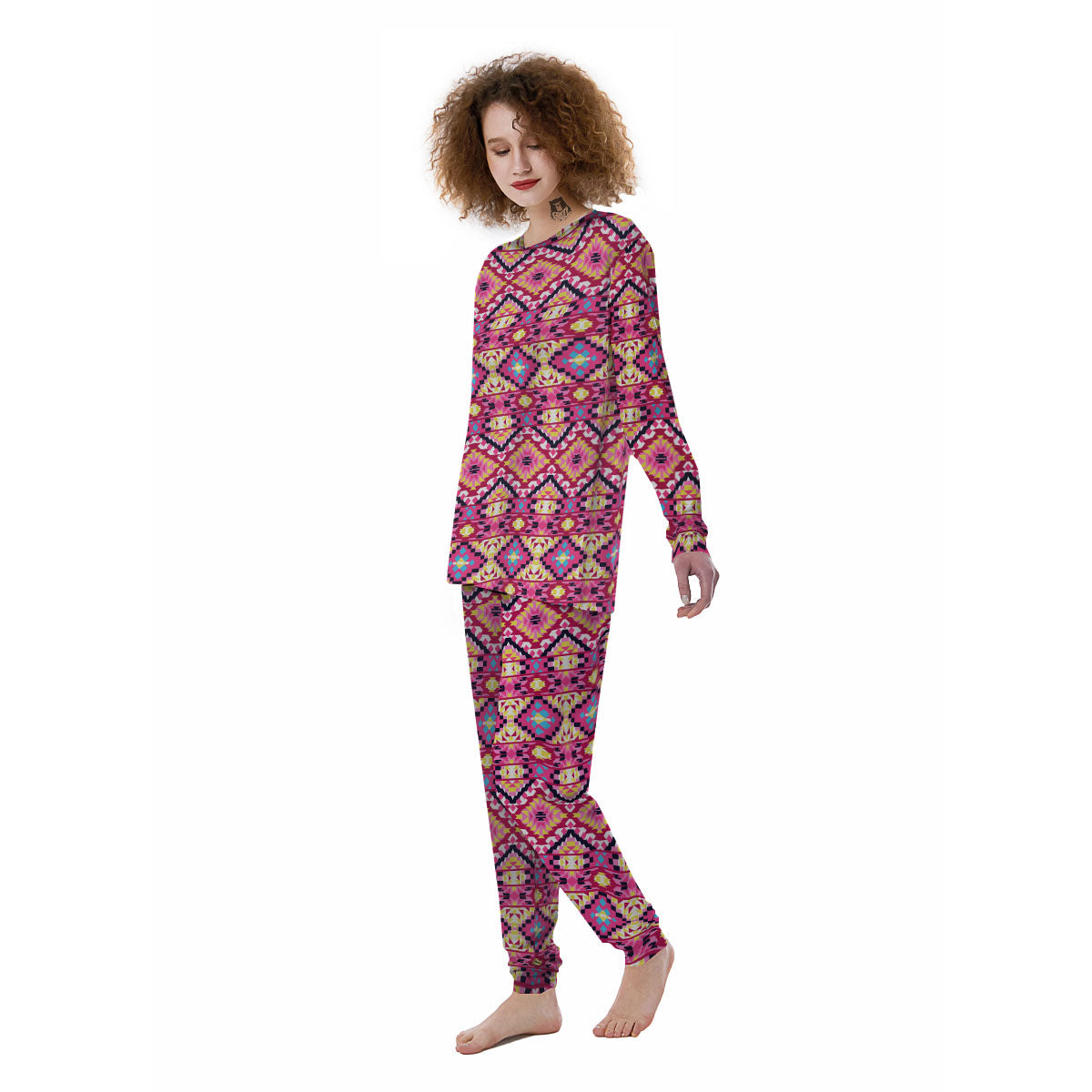 Geometric Ethnic Pink Aztec Print Pattern Women's Pajamas-grizzshop