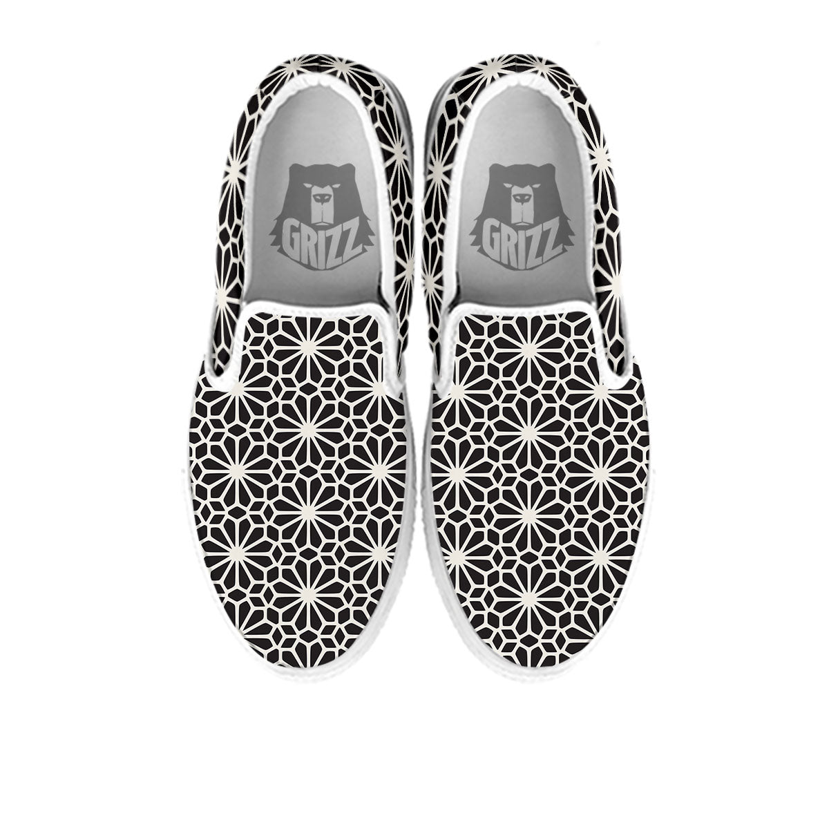 Geometric Floral White And Black Print White Slip On Shoes-grizzshop