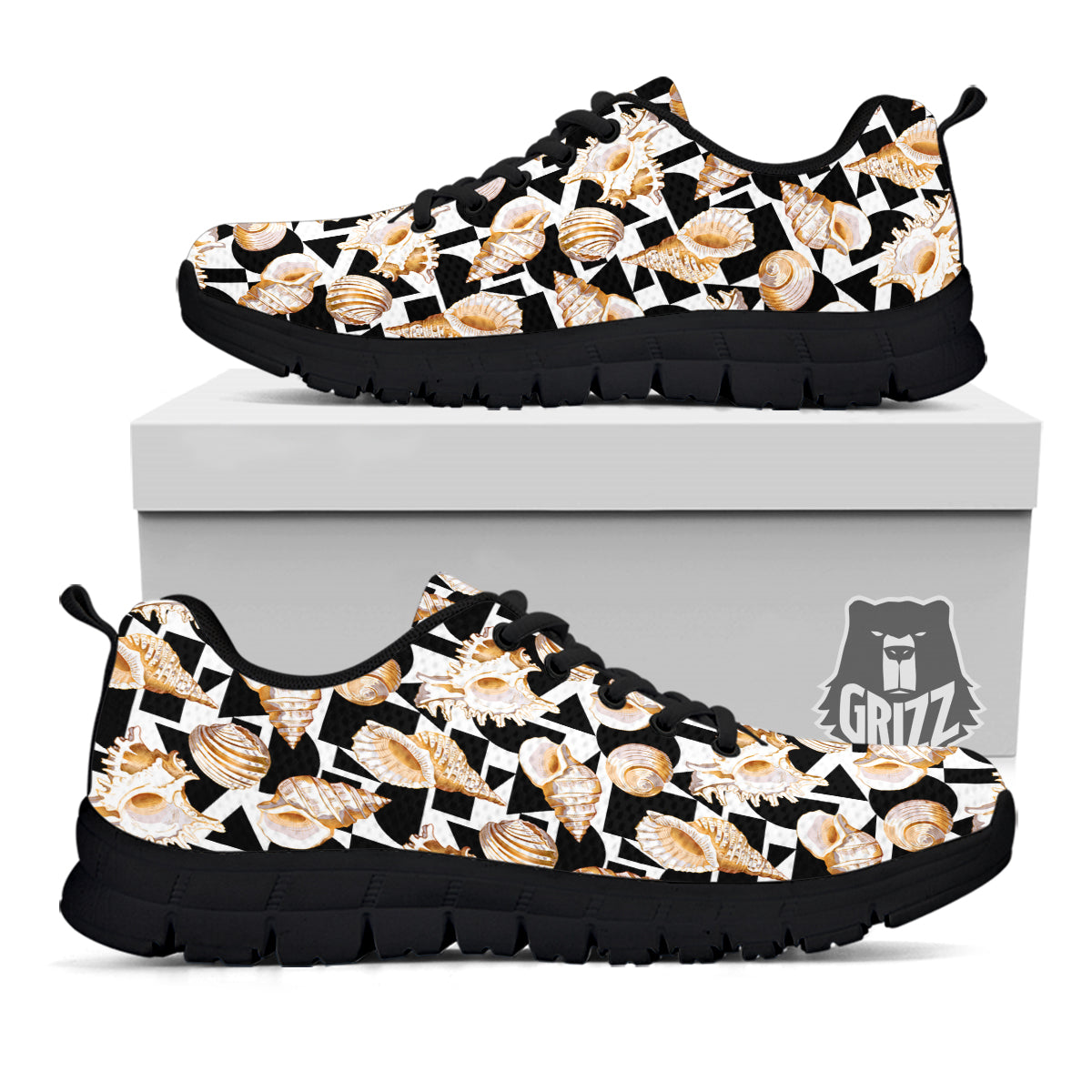 Geometric Gold Sea Shell Print Pattern Black Sneaker-grizzshop