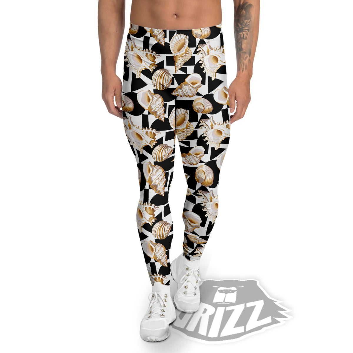 Geometric Gold Sea Shell Print Pattern Men's Leggings-grizzshop
