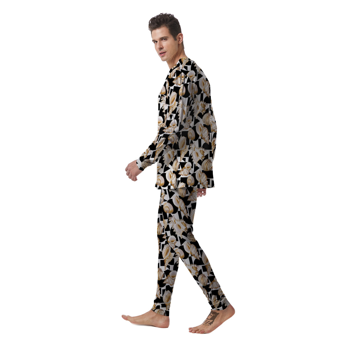 Geometric Gold Sea Shell Print Pattern Men's Pajamas-grizzshop