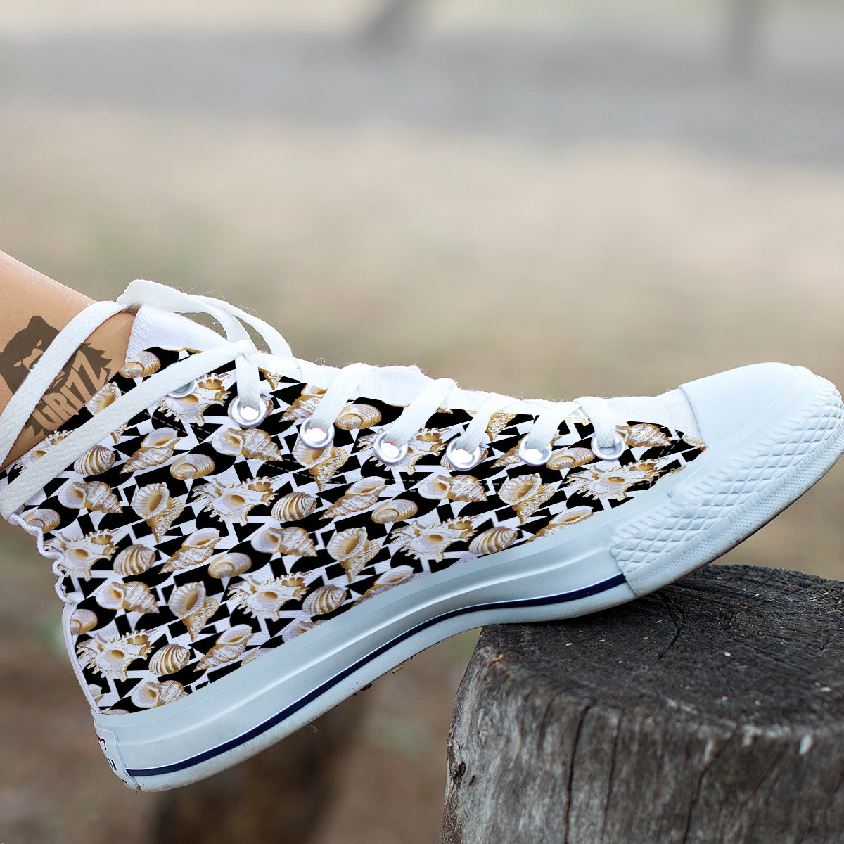 Geometric Gold Sea Shell Print Pattern White High Top Shoes-grizzshop