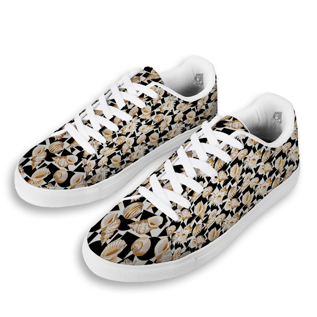 Geometric Gold Sea Shell Print Pattern White Low Top Sneakers-grizzshop
