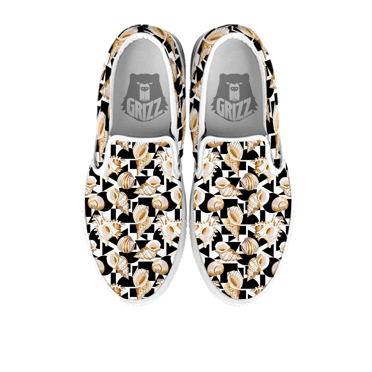 Geometric Gold Sea Shell Print Pattern White Slip On Shoes-grizzshop