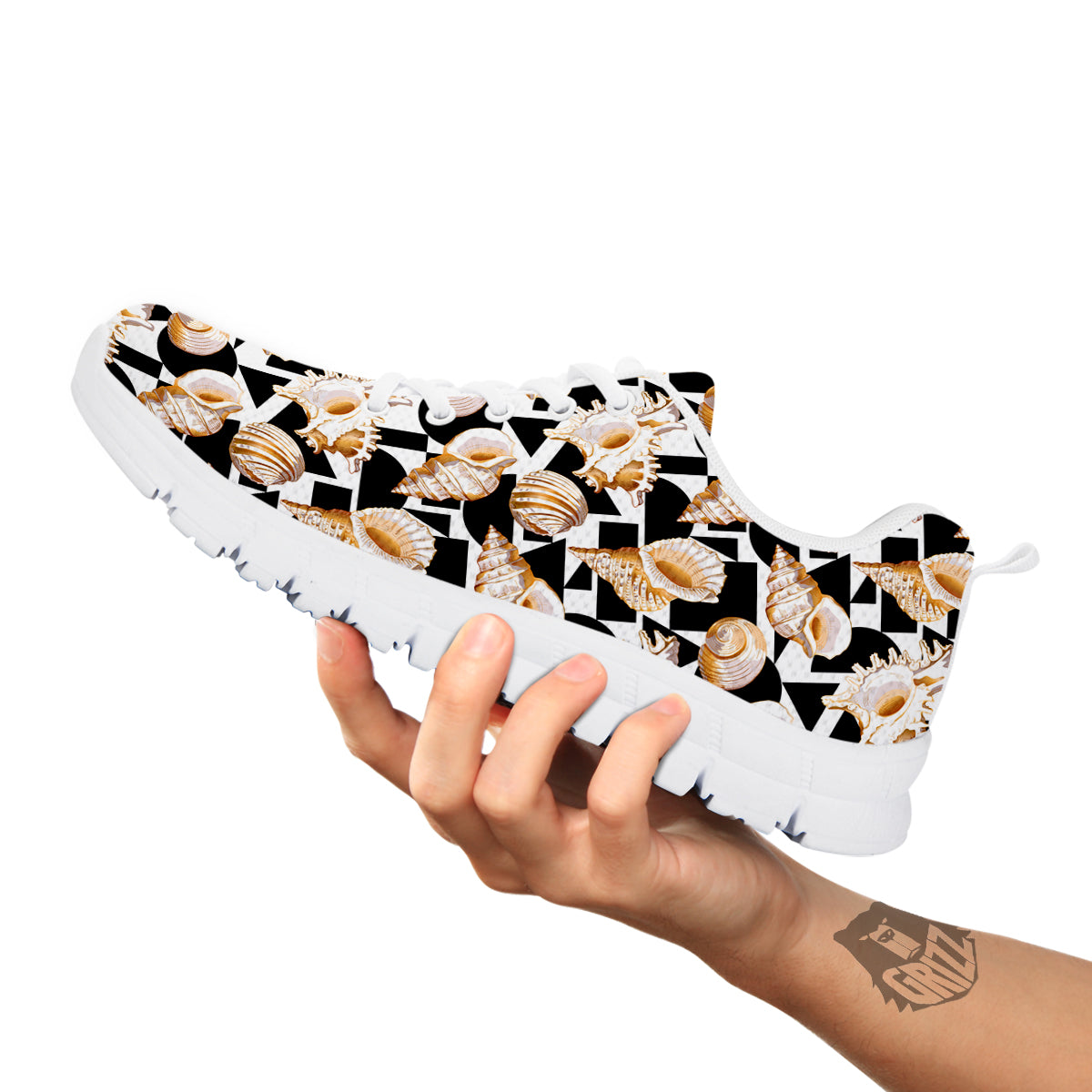 Geometric Gold Sea Shell Print Pattern White Sneaker-grizzshop