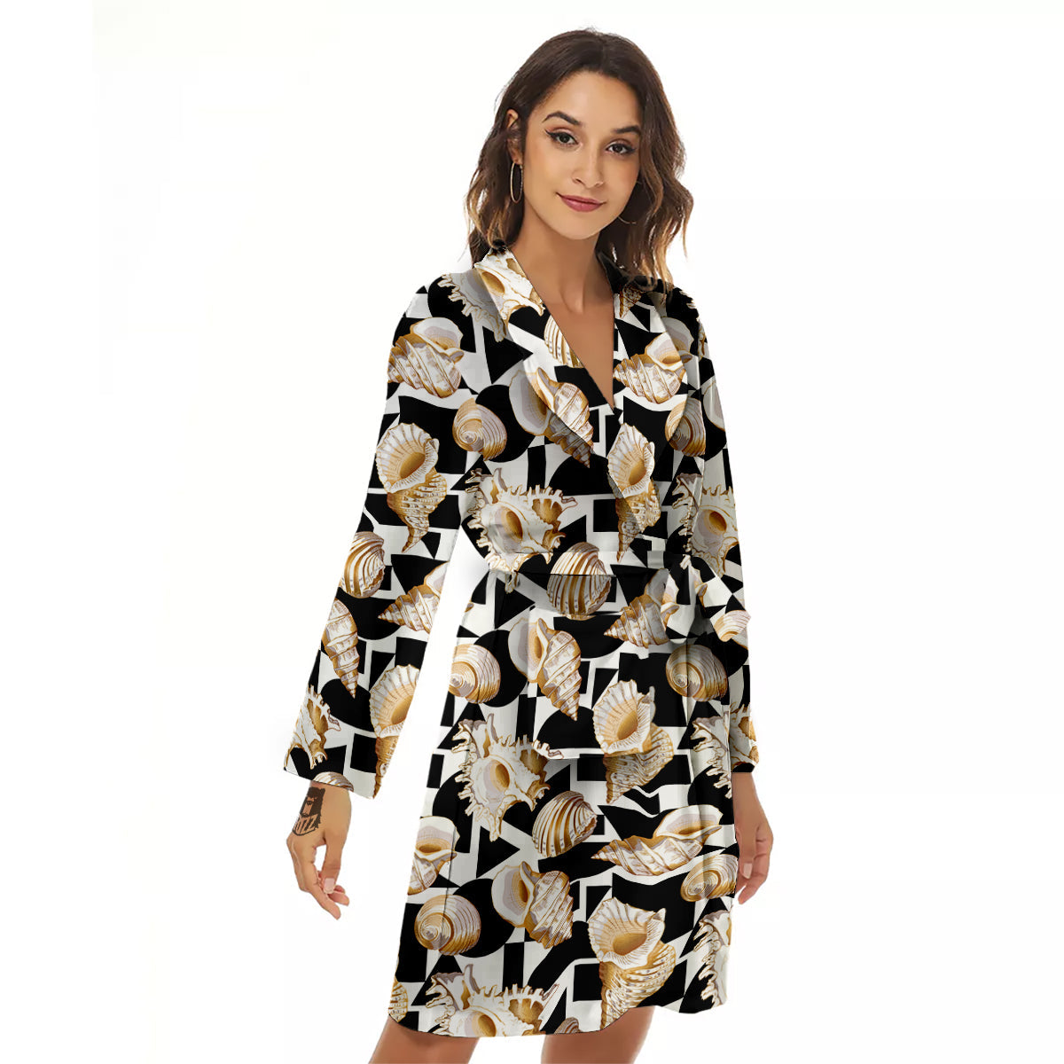 Geometric Gold Sea Shell Print Pattern Women's Robe-grizzshop