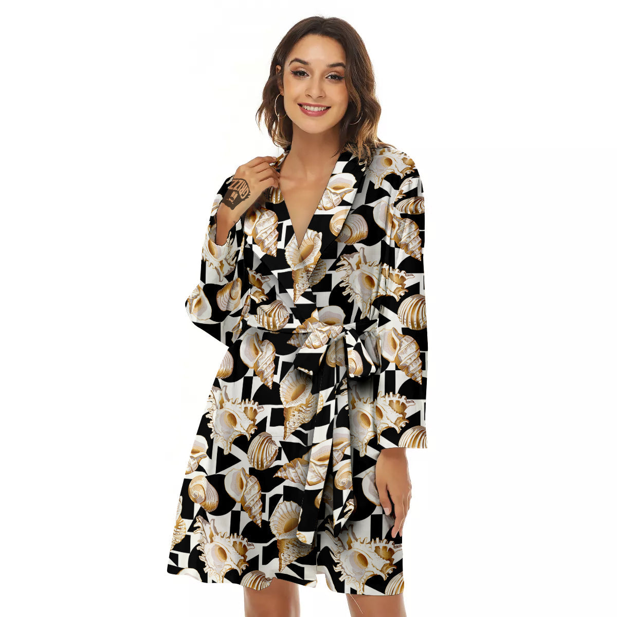 Geometric Gold Sea Shell Print Pattern Women's Robe-grizzshop
