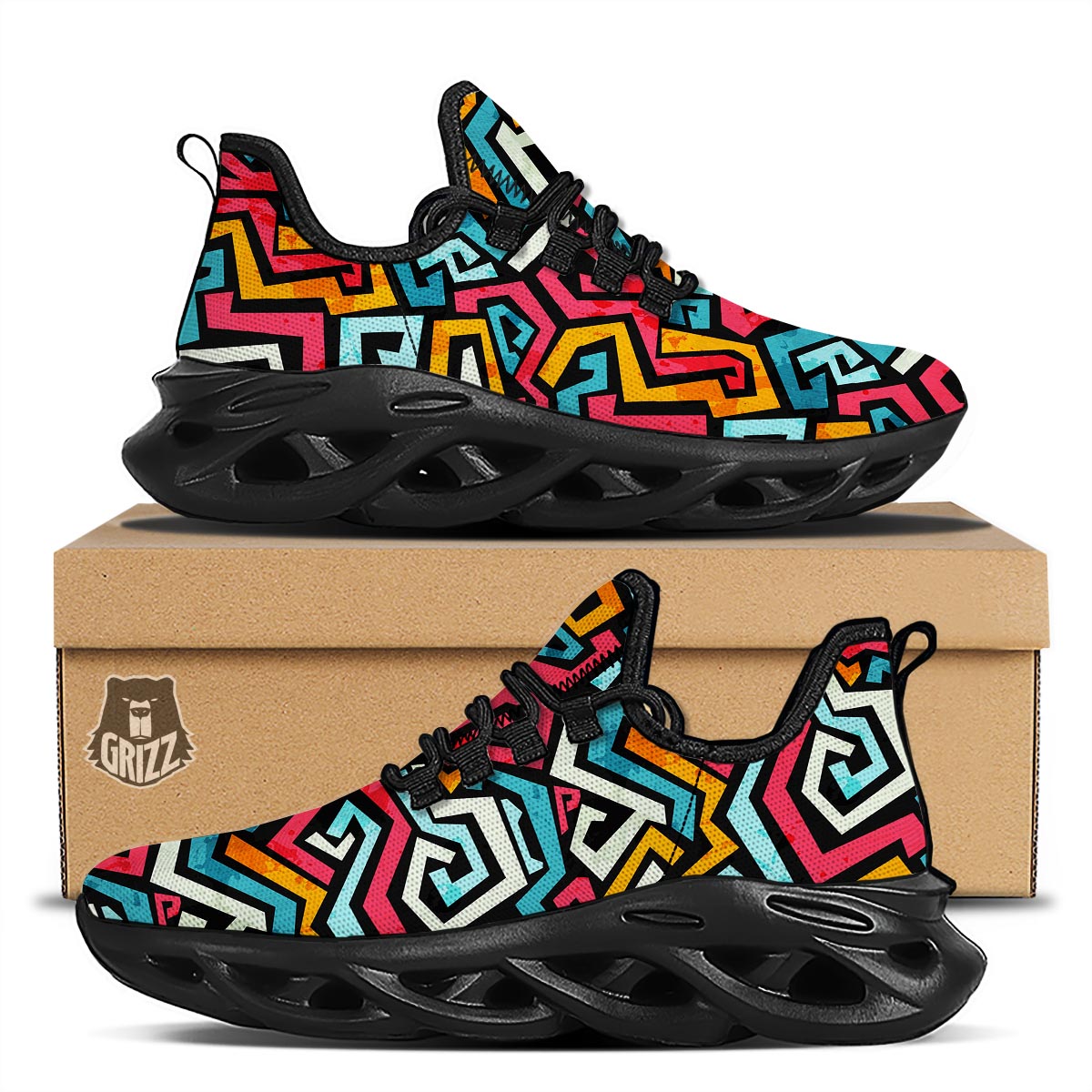 Geometric Graffiti Psychedelic Black Running Shoes-grizzshop