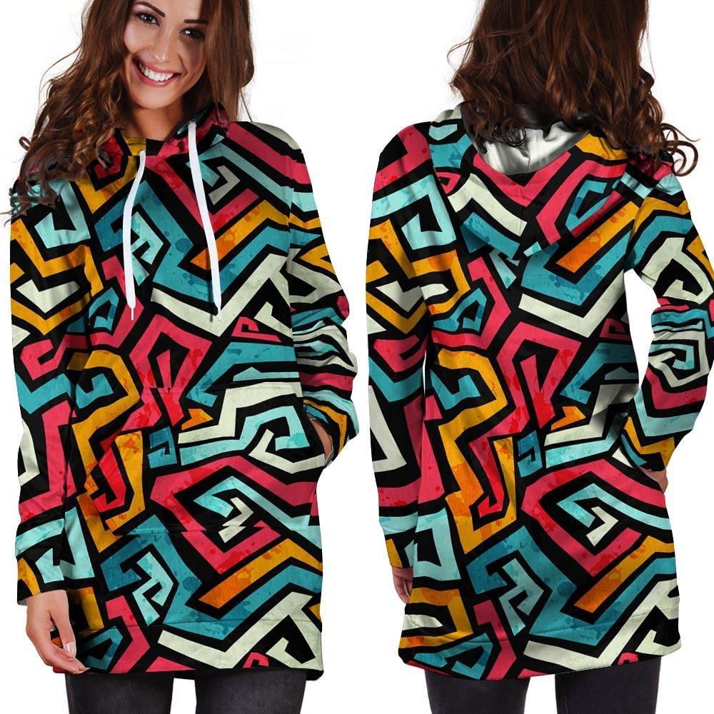 Geometric Graffiti Psychedelic Hoodie Dress-grizzshop